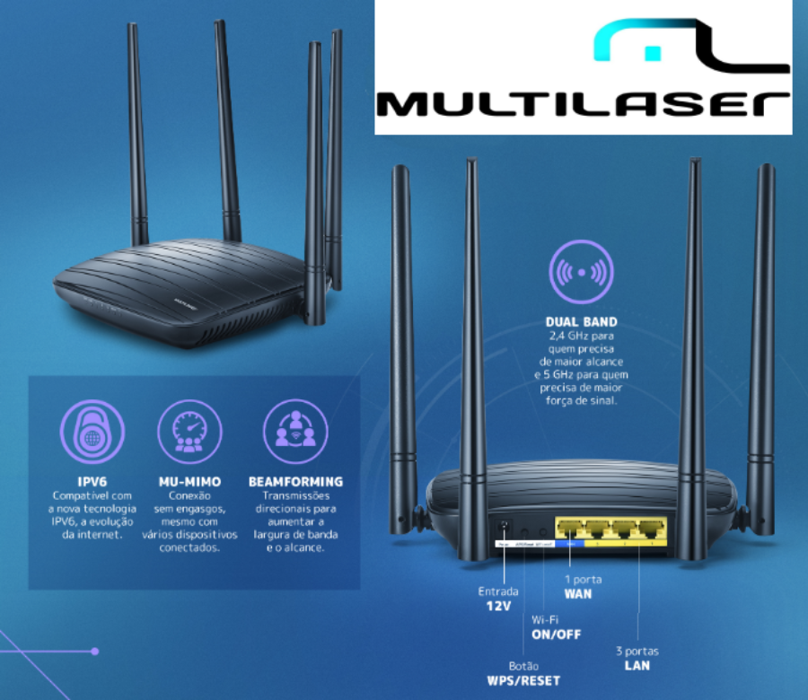 Roteador Wi-Fi Multilaser AC 1200Mbps Dual Band -RE018